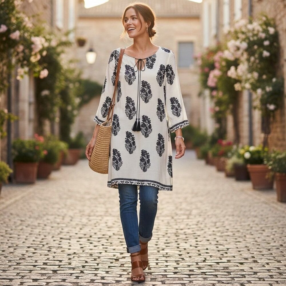 Boho-Inspired Cream & Black Tunic Dress With Tassel Tie Neckline And 3/4 Sleeves - Picture 5 of 12